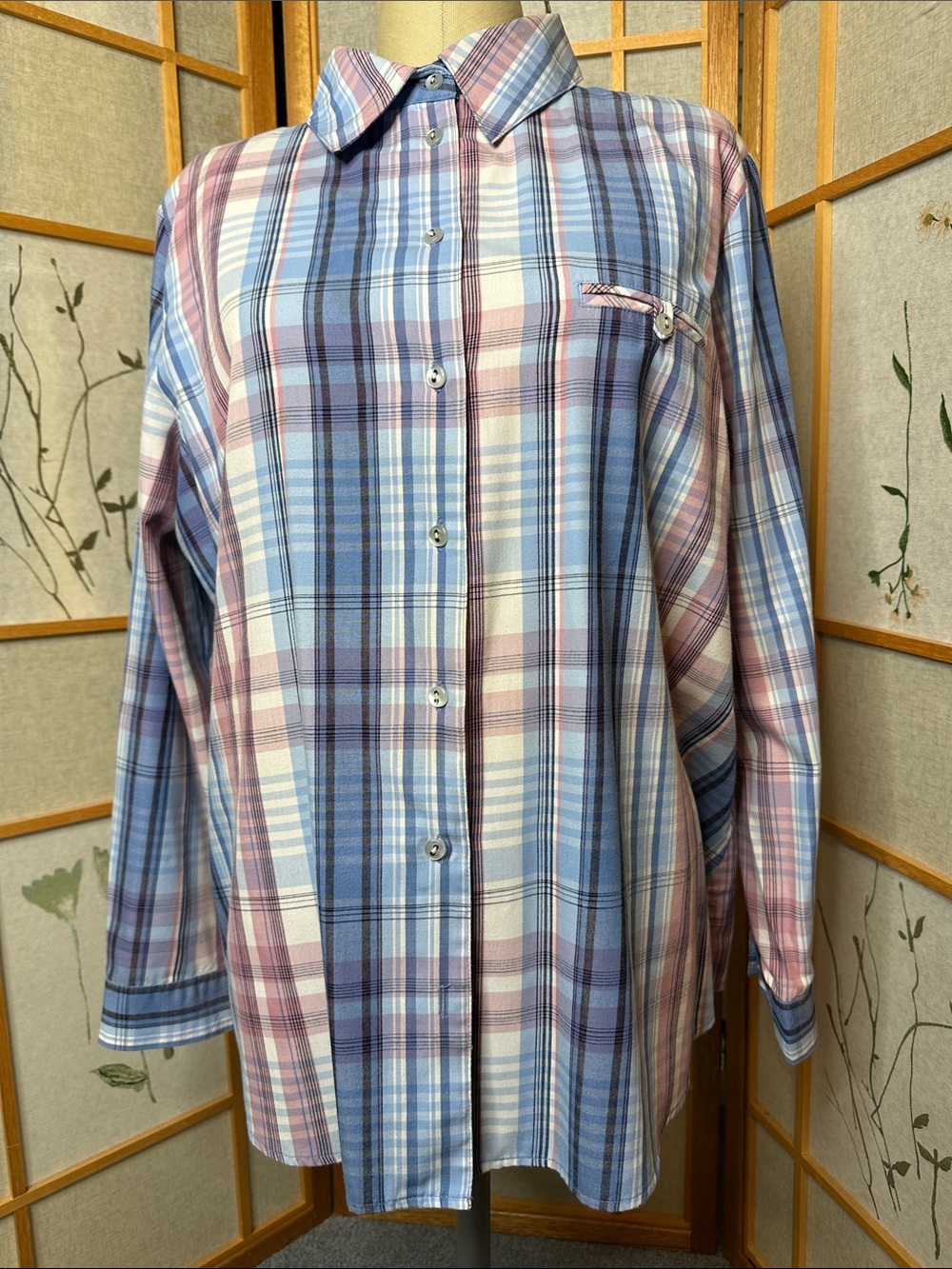 Alison Daley Women’s 18W Blue & Pink Plaid Button-Front Blouse - Picture 6 of 13
